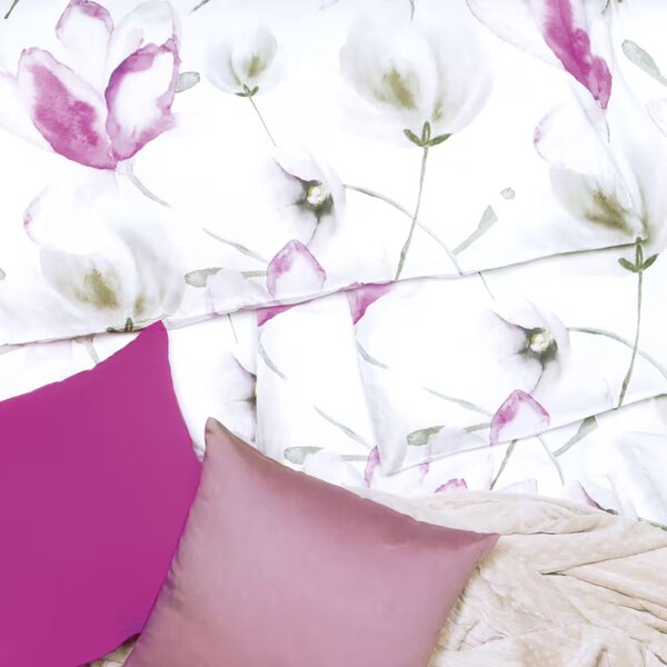 Obliečky SATÉN DESIGN magnolia biela ružová bežný 1x paplón 140x200 + 1x vankúš 70x90 cm