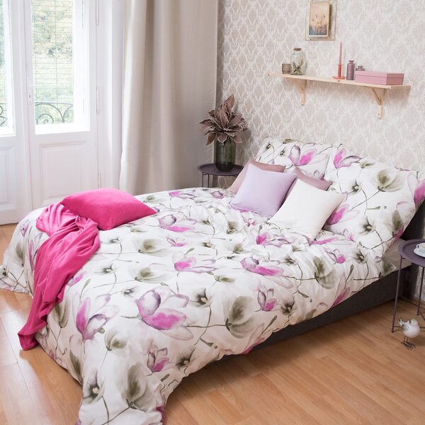 Obliečky SATÉN DESIGN magnolia biela ružová bežný 1x paplón 140x200 + 1x vankúš 70x90 cm