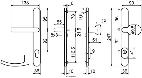Dverové kovanie RICHTER RHD 0040 (nerez), madlo/klika, Otvor na cylindrickú vložku PZ, RICHTER Nerez matný, 92 mm