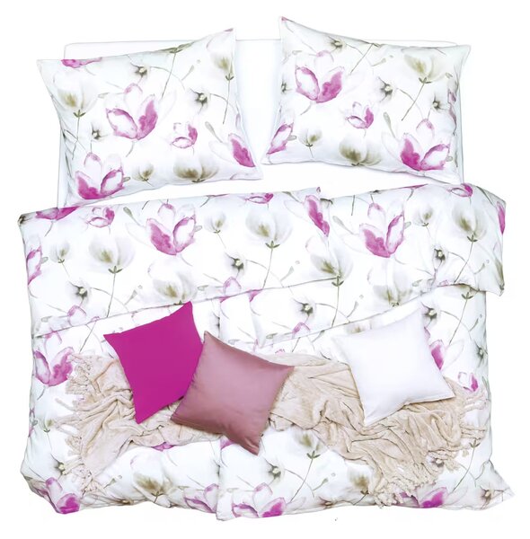 Obliečky SATÉN DESIGN magnolia biela ružová bežný 1x paplón 140x200 + 1x vankúš 70x90 cm