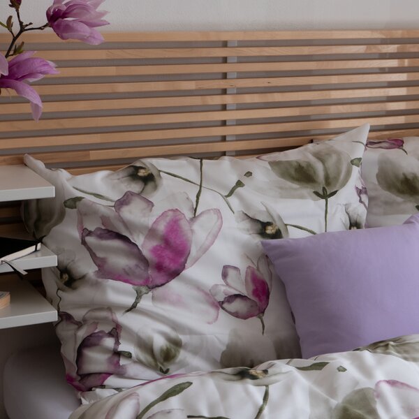 Obliečky SATÉN DESIGN magnolia biela ružová bežný 1x paplón 140x200 + 1x vankúš 70x90 cm