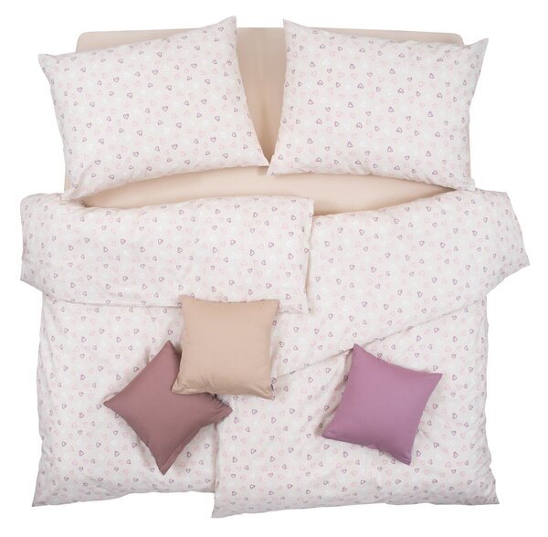 Obliečky KLASIK SOFT srdiečka béžová ružová bežný 1x paplón 140x200 + 1x vankúš 70x90 cm