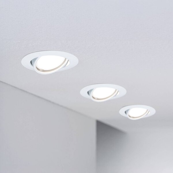 Paulmann LED zapustený bodový svietidlo Base Coin, biele, s vypínačom, 3 ks,, Biela / opálová, Obývacia izba / jedáleň, Hliník, Moderný, Zapustené okrúhle