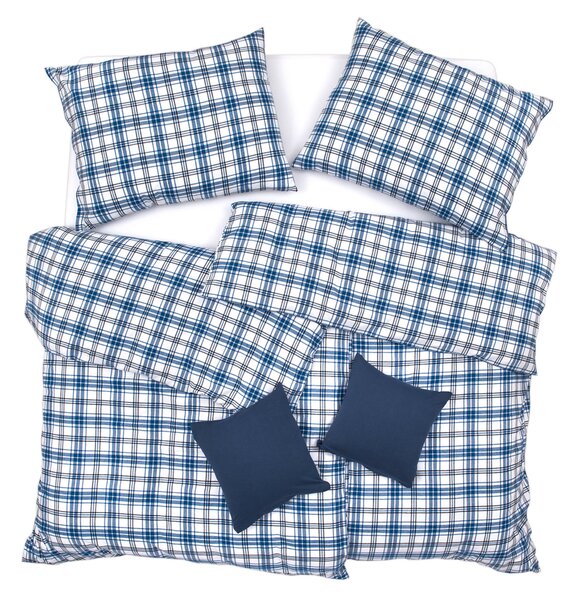 Obliečky FLANEL káro basic biela modrá bežný 1x paplón 140x200 + 1x vankúš 70x90 cm