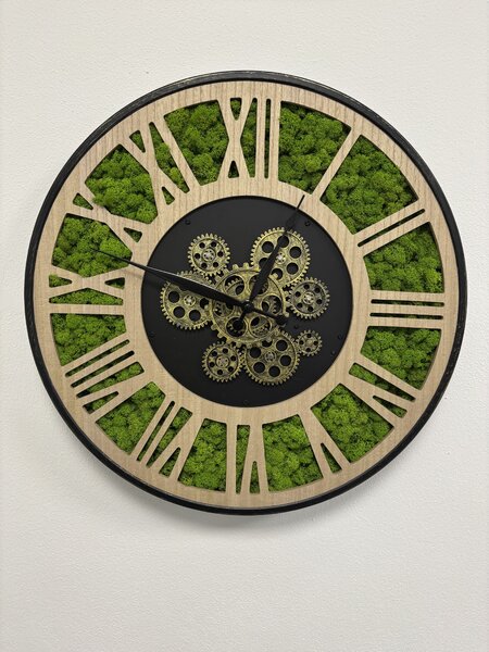 Machovo-drevené hodiny s pohyblivým mechanizmom