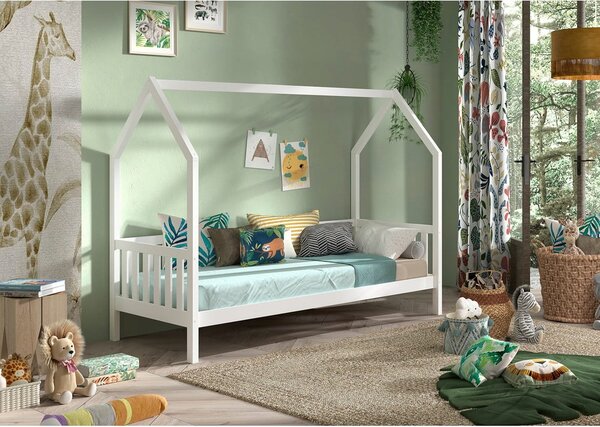 Biela domčeková detská posteľ z borovicového dreva s roštom 90x200 cm Cabane – Vipack
