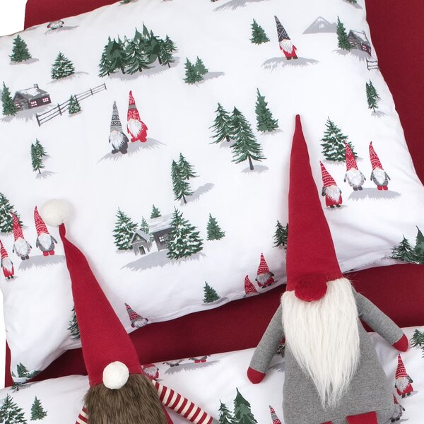 Obliečky FLANEL lesní elfi biela zelená červená bežný 1x paplón 140x200 + 1x vankúš 70x90 cm