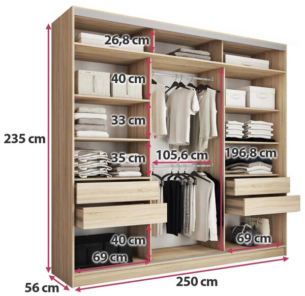 Šatníková skriňa LITOLARIS MAX 250 so zrkadlom, 4 šuplíky a 2 šatníkovými tyčami, výška 235 cm, dub sonoma