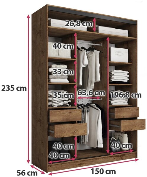 Šatníková skriňa HARAZIA MAX 150 so zrkadlom, 4 šuplíky a 2 šatníkovými tyčami, výška 235 cm, dub lefkas