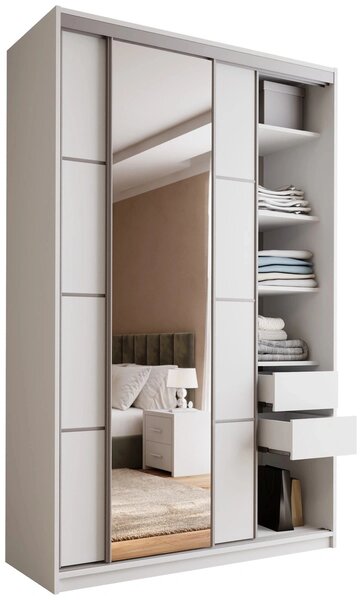 Šatníková skriňa LITOLARIS MAX 150 so zrkadlom, 4 šuplíky a 2 šatníkovými tyčami, výška 235 cm, biely mat