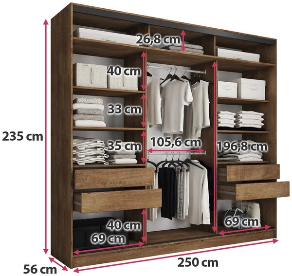 Šatníková skriňa HARAZIA MAX 250 so zrkadlom, 4 šuplíky a 2 šatníkovými tyčami, výška 235 cm, dub lefkas