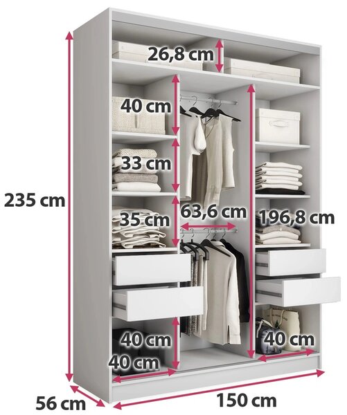 Šatníková skriňa LITOLARIS MAX 150 bez zrkadla, so 4 šuplíkmi a 2 šatníkovými tyčami, výška 235 cm, biely mat