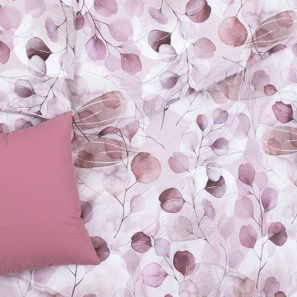 Obliečky SATÉN DESIGN purple leaves pudrová Štandardný 1x paplón 140x200 + 1x vankúš 70x90 cm