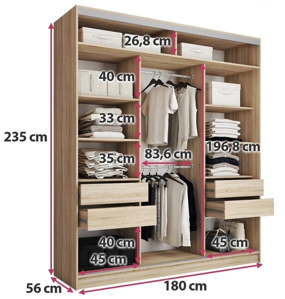Šatníková skriňa LITOLARIS MAX 180 so zrkadlom, 4 šuplíky a 2 šatníkovými tyčami, výška 235 cm, dub sonoma