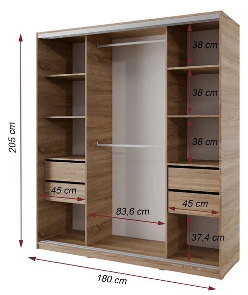 Šatníková skriňa NEJBY BARNABA 180 cm s posuvnými dverami, zrkadlom, 4 šuplíky a 2 šatníkovými tyčami, dub sonoma