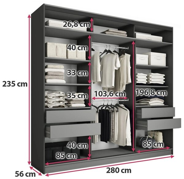 Šatníková skriňa HARAZIA MAX 280 so zrkadlom, 4 šuplíky a 2 šatníkovými tyčami, výška 235 cm, čierna/dub lefkas