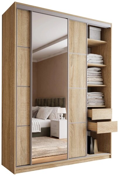 Šatníková skriňa LITOLARIS MAX 180 so zrkadlom, 4 šuplíky a 2 šatníkovými tyčami, výška 235 cm, dub sonoma
