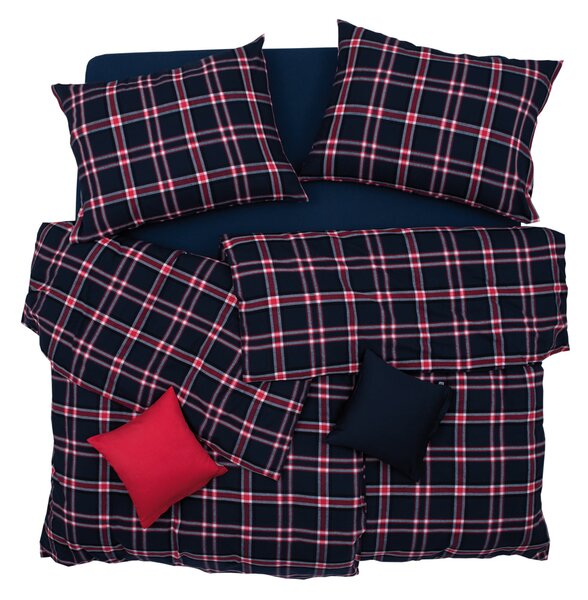 Obliečky FLANEL káro basic modrá červená bežný 1x paplón 140x200 + 1x vankúš 70x90 cm