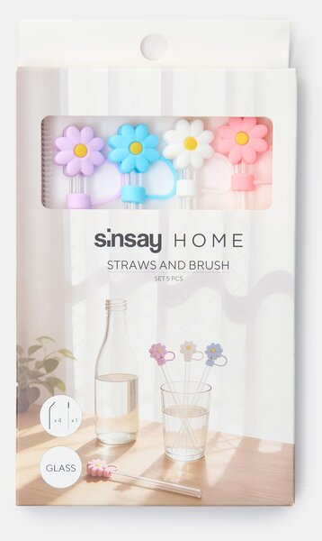 Sinsay - Súprava slamiek s čističom s kvetinovými nadstavcami 5 pack - biela