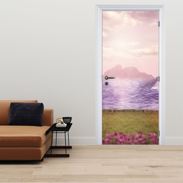 Fototapeta na dvere - Ružové stromy s jazerom (95x205cm)