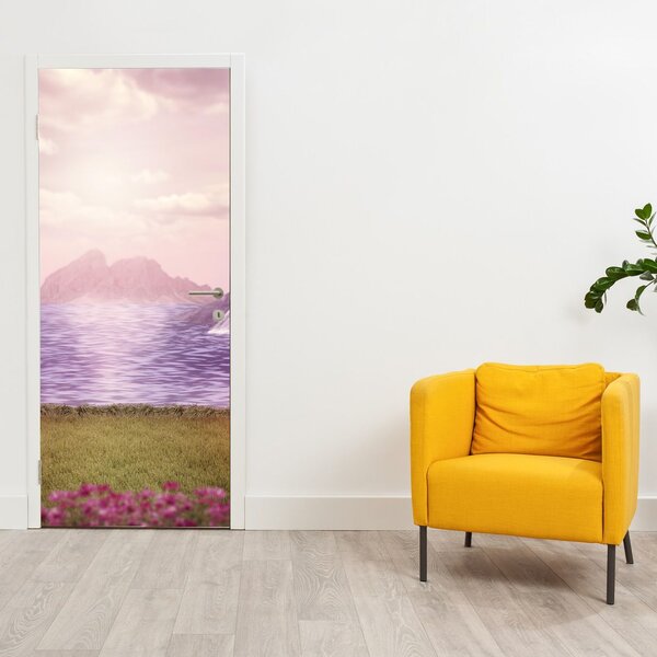 Fototapeta na dvere - Ružové stromy s jazerom (95x205cm)