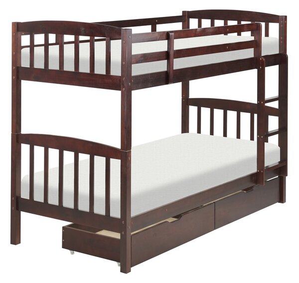 Poschodová posteľ so zásuvkami tmavé drevo borovica 90 x 200 cm detská izba spálňa rebrík lamely
