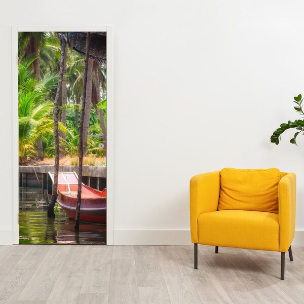 Fototapeta na dvere - Drevená loď na kanáli (95x205cm)