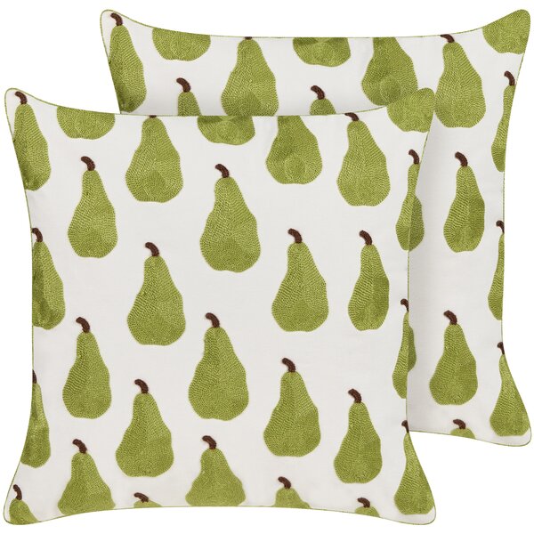 Sada 2 dekoratívnych vankúšov zelená biela bavlna polyester 45 x 45 cm vzor hrušiek ovocný motív vyšívané dekorácie doplnky