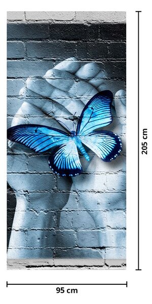 Fototapeta na dvere - Modrý motýľ na stene (95x205cm)