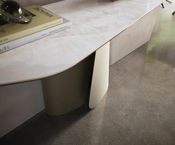 DELIFE Konzolový stolík Edge polygonálny 180×50 cm keramika onyx perla Livos kov titánová farba