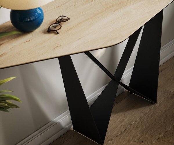 DELIFE Konzolový stolík Edge polygonálny 180×50 cm keramika Laminam® Sabbia dubová farba Spios kov čierna