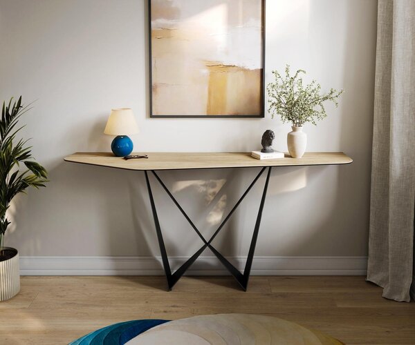 DELIFE Konzolový stolík Edge polygonálny 180×50 cm keramika Laminam® Sabbia dubová farba Spios kov čierna