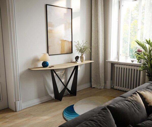 DELIFE Konzolový stolík Edge polygonálny 180×50 cm keramika Laminam® Sabbia dubová farba Spios kov čierna
