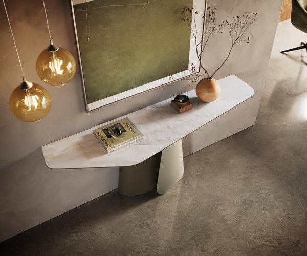 DELIFE Konzolový stolík Edge polygonálny 180×50 cm keramika onyx perla Livos kov titánová farba