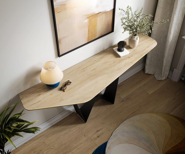 DELIFE Konzolový stolík Edge polygonálny 180×50 cm keramika Laminam® Sabbia dubová farba Spios kov čierna