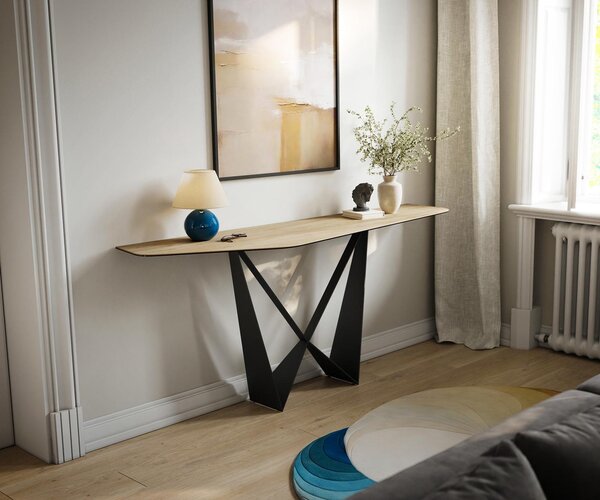 DELIFE Konzolový stolík Edge polygonálny 180×50 cm keramika Laminam® Sabbia dubová farba Spios kov čierna