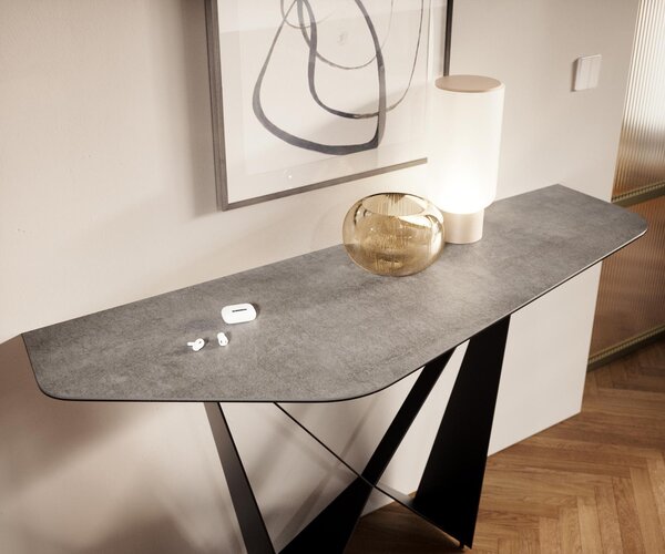 DELIFE Konzolový stolík Edge polygonálny 140×50 cm keramika betónová sivá Livos kov čierna
