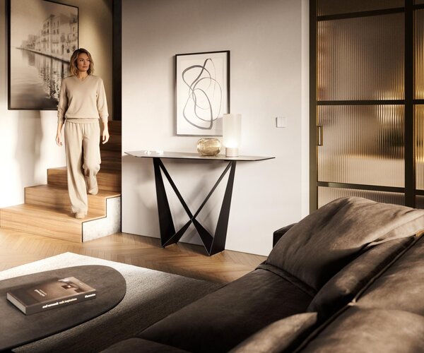 DELIFE Konzolový stolík Edge polygonálny 140×50 cm keramika betónová sivá Livos kov čierna