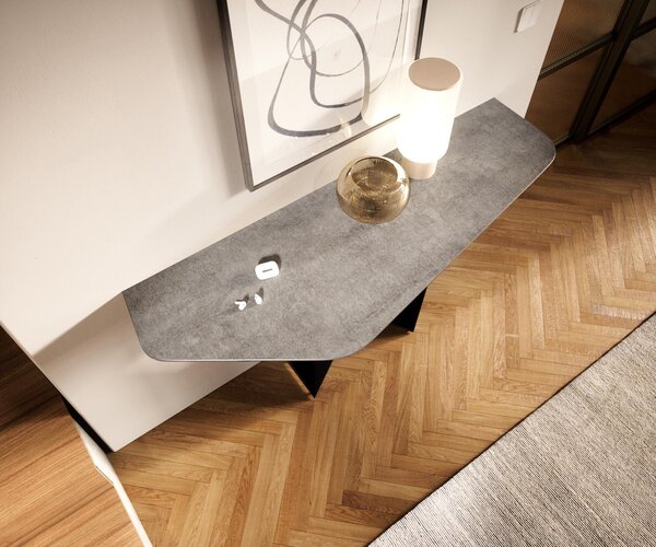 DELIFE Konzolový stolík Edge polygonálny 140×50 cm keramika betónová sivá Livos kov čierna