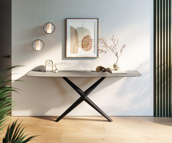 DELIFE Konzolový stolík Edge zaoblený 180×40 cm keramika betón sivá Estelo kov čierna