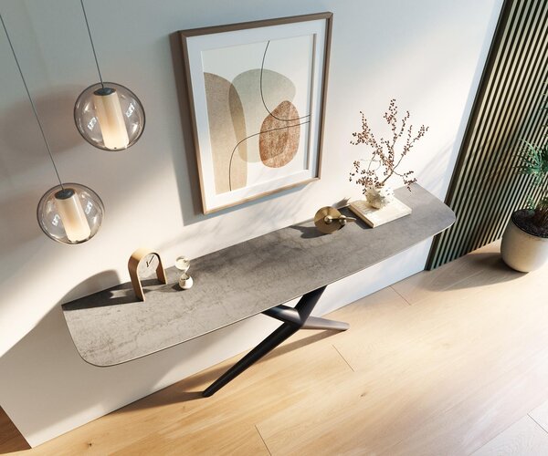 DELIFE Konzolový stolík Edge zaoblený 180×40 cm keramika betón sivá Estelo kov čierna