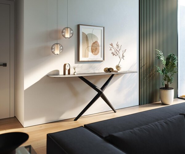 DELIFE Konzolový stolík Edge zaoblený 180×40 cm keramika betón sivá Estelo kov čierna