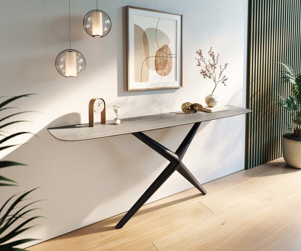 DELIFE Konzolový stolík Edge zaoblený 180×40 cm keramika betón sivá Estelo kov čierna