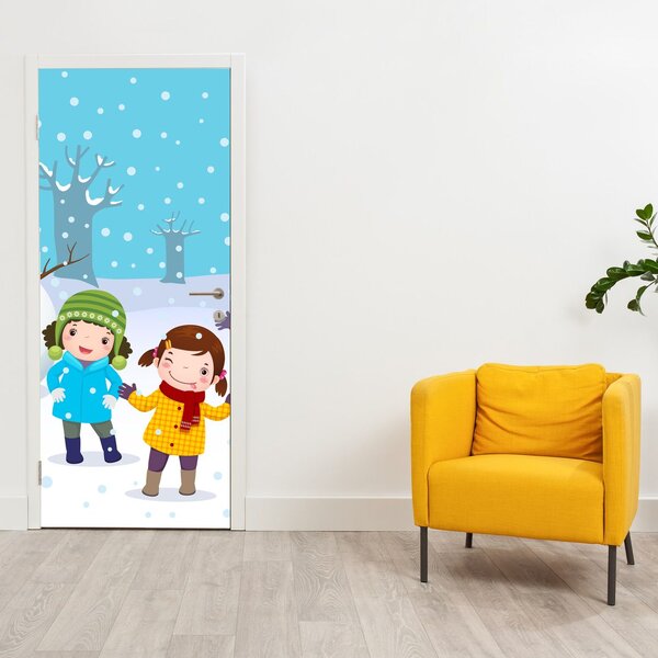 Fototapeta na dvere - Zimné detské radovánky (95x205cm)