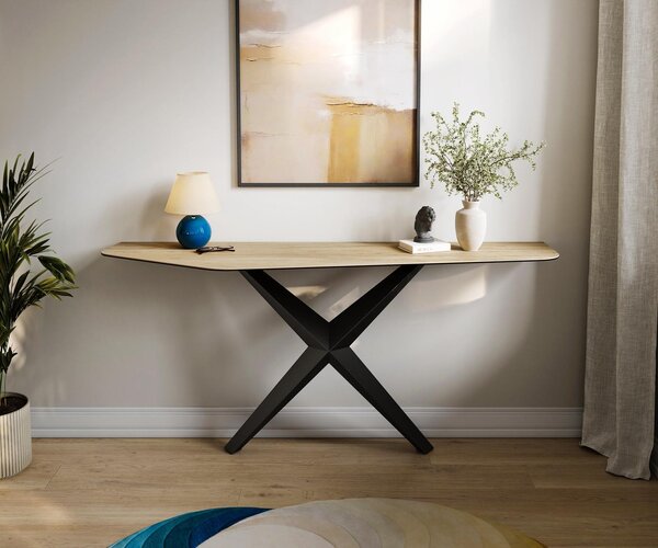 DELIFE Konzolový stolík Edge polygonálny 180×50 cm keramika Laminam® sabbia dubová farba Zentharo kov čierna