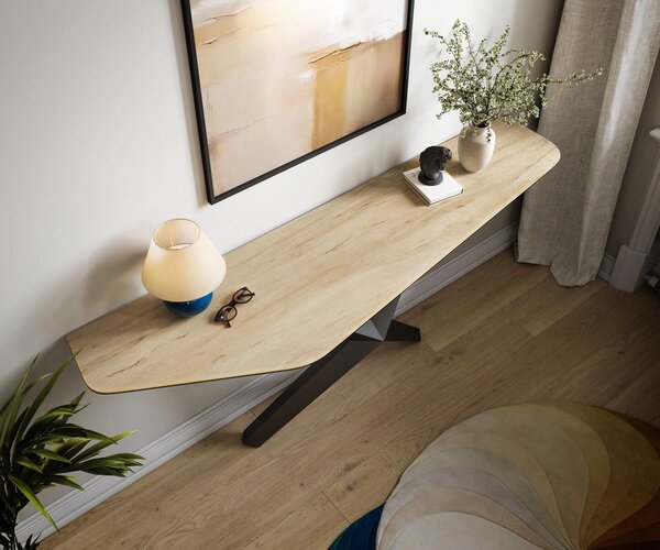 DELIFE Konzolový stolík Edge polygonálny 180×50 cm keramika Laminam® sabbia dubová farba Zentharo kov čierna