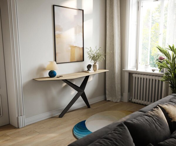 DELIFE Konzolový stolík Edge polygonálny 180×50 cm keramika Laminam® sabbia dubová farba Zentharo kov čierna