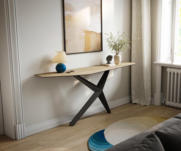DELIFE Konzolový stolík Edge polygonálny 180×50 cm keramika Laminam® sabbia dubová farba Zentharo kov čierna