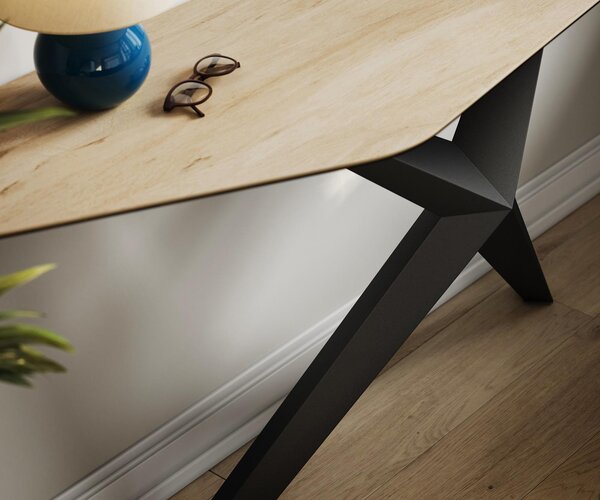 DELIFE Konzolový stolík Edge polygonálny 180×50 cm keramika Laminam® sabbia dubová farba Zentharo kov čierna