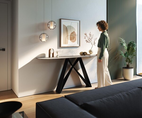 DELIFE Konzolový stolík Edge zaoblený 180×40 cm keramika betónová sivá Velio kov čierna